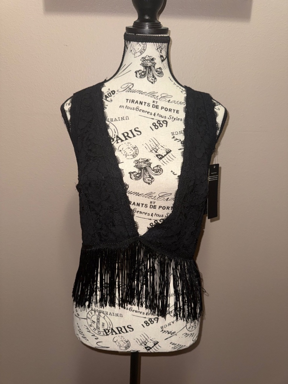 NWT Lucky & Blessed Black Lace Fringe Crop Tank Top Western Cowgirl Large